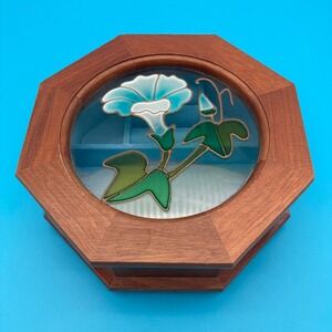 Vtg 1970s Gunther Mele Stained Glass Morning Glory Wooden Octagon Jewelry Box